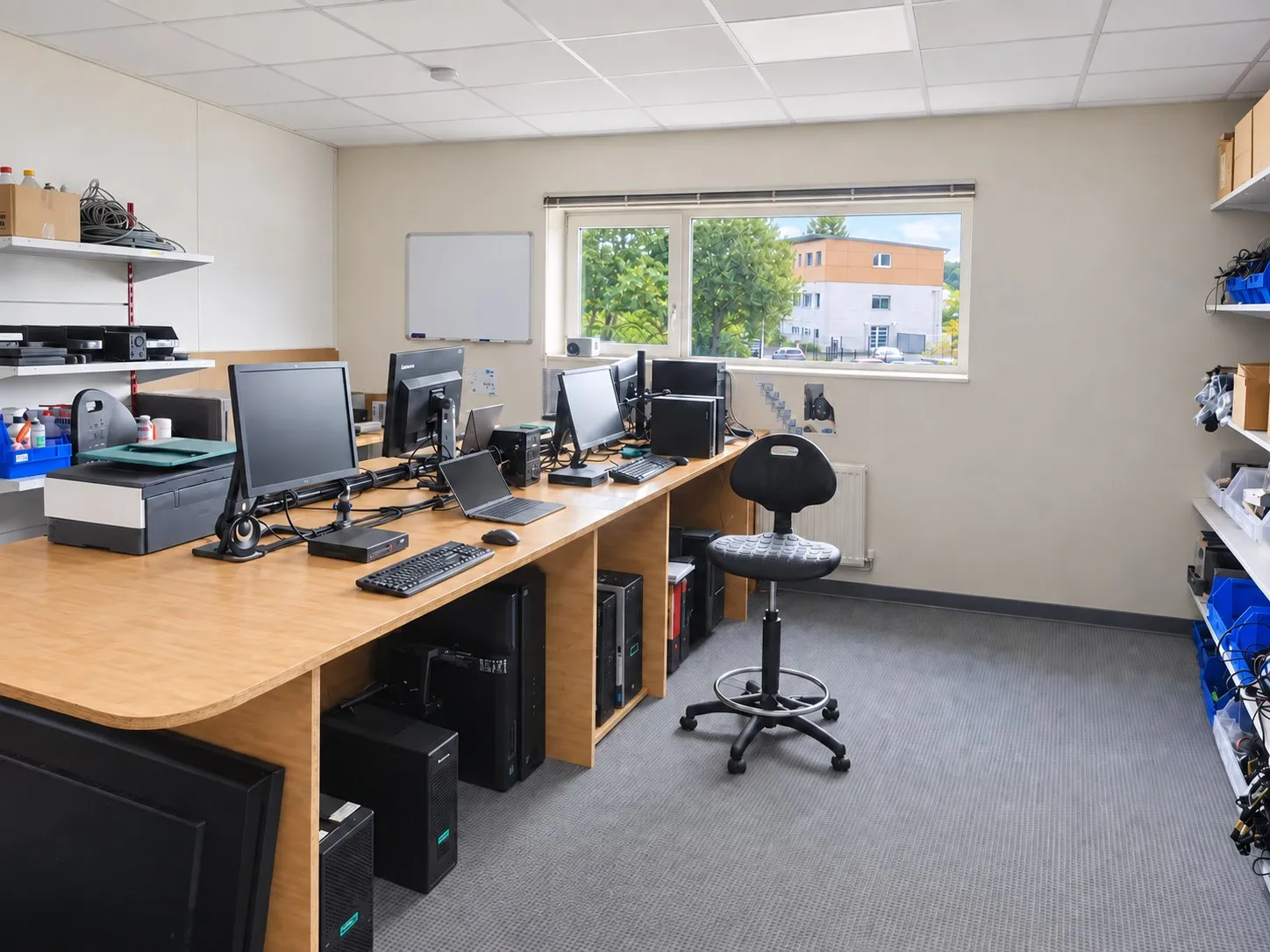 Établi de l'atelier avec ordinateurs et serveurs en intervention