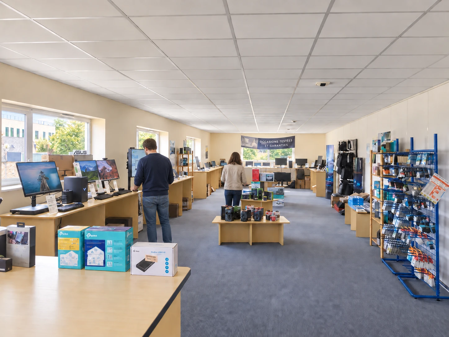 Des clients dans le showroom à Quévert, entre ordinateurs, écrans et accessoires